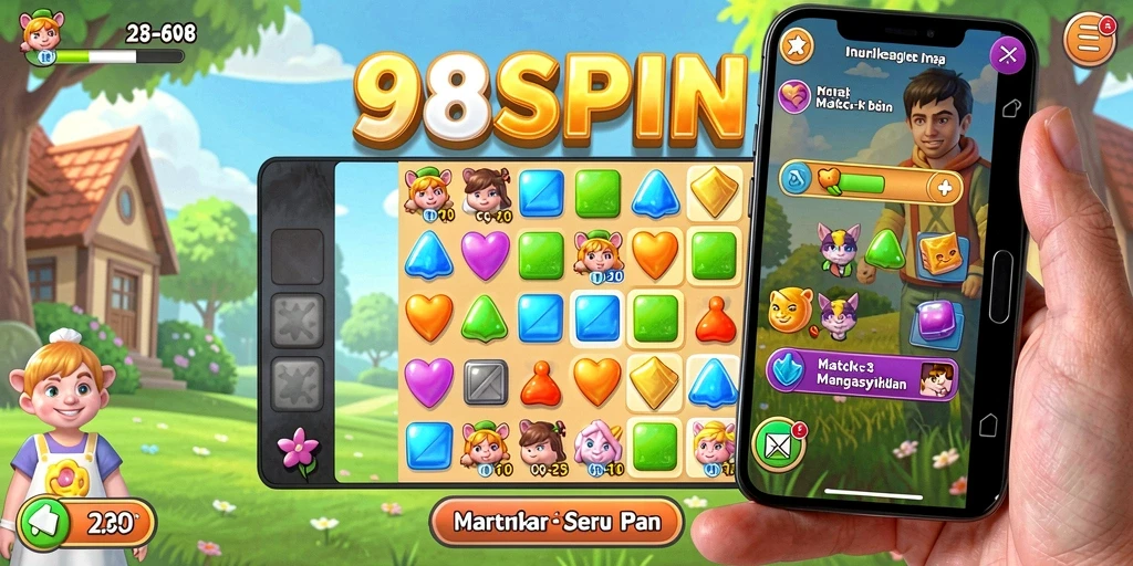 Tangkapan layar 98SPIN menampilkan gameplay Match-3 yang dinamis dan penuh warna.