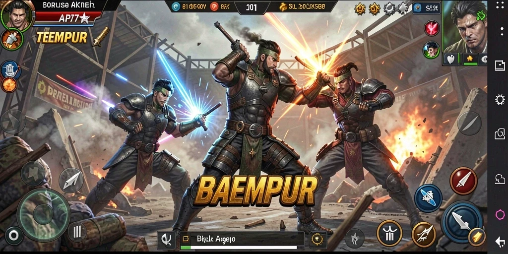 Tangkapan layar menampilkan karakter bertarung di arena penuh aksi.