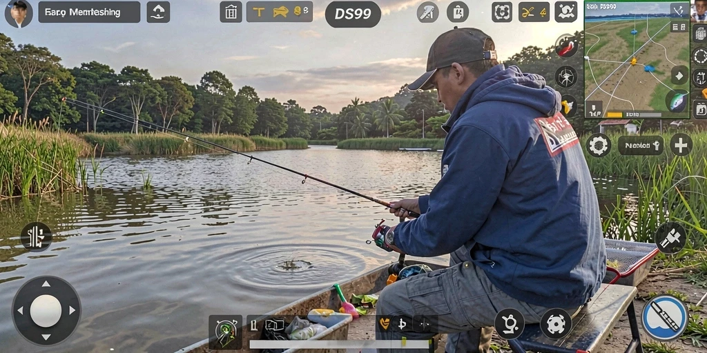 Screenshot gameplay DS99 menunjukkan keseruan memancing di lokasi yang indah.