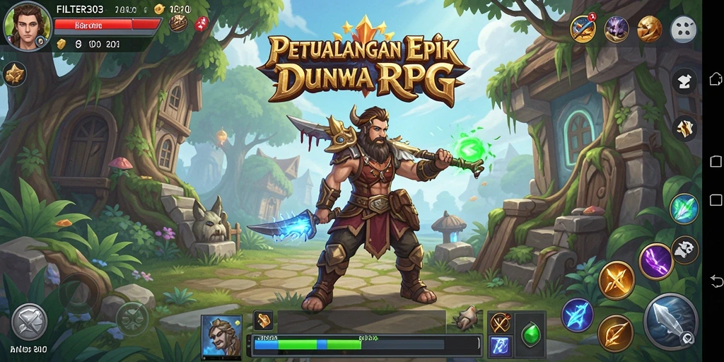 Tangkapan layar menunjukkan aksi seru dalam game FILTER303 dengan karakter berpetualang.