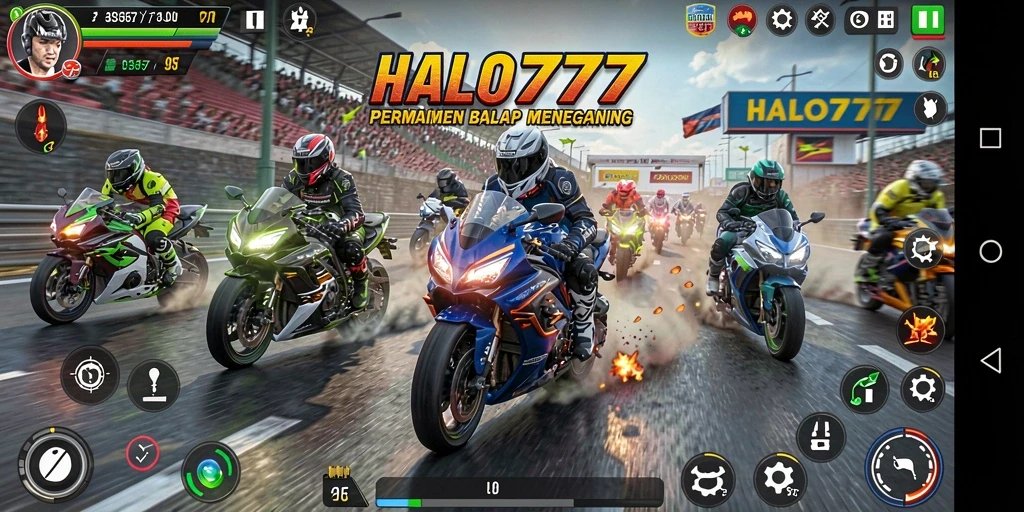 Tampilan gameplay yang menegangkan dari HALO777 saat balapan motor.