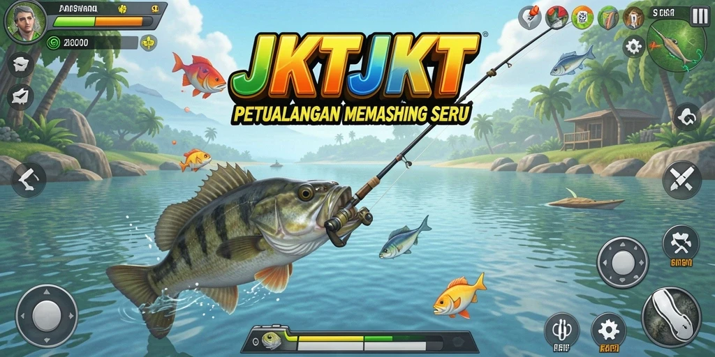 Gameplay JKTJKT dengan aktivitas memancing yang seru dan menantang.