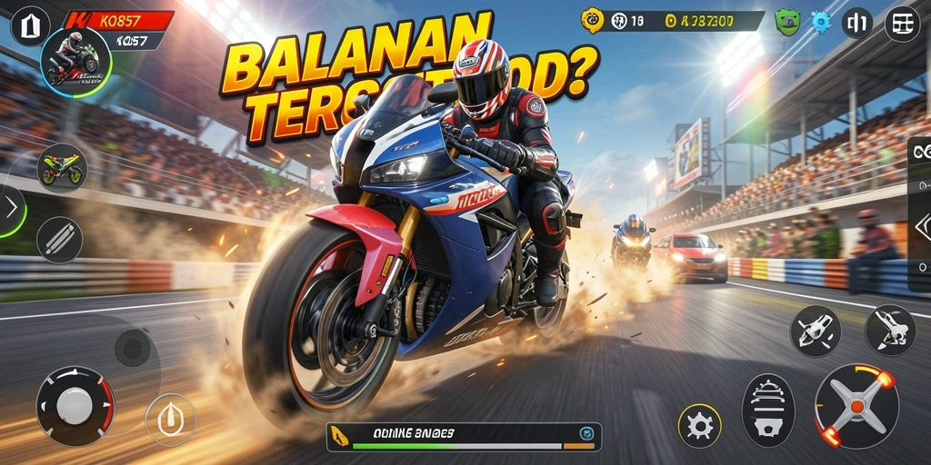 Screenshot utama KO857 menampilkan balapan motor yang seru dan cepat.