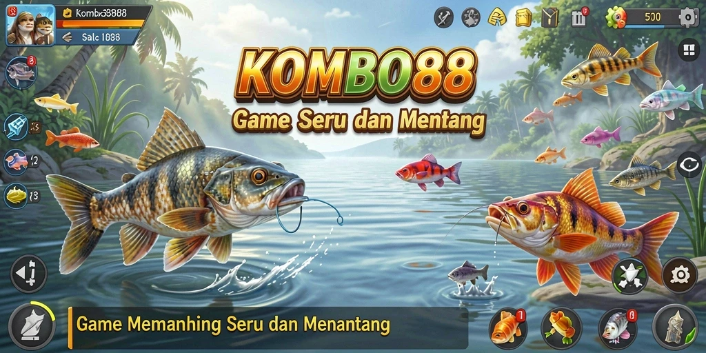 Screenshot utama KOMBO88 menunjukkan pemain menangkap ikan di lokasi memancing yang indah.