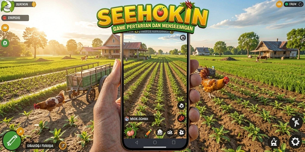 Tampilan gameplay SEHOKI dengan lahan pertanian yang hijau dan subur.