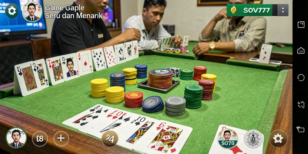 Menampilkan gameplay seru permainan Gaple SOV777 dengan teman.