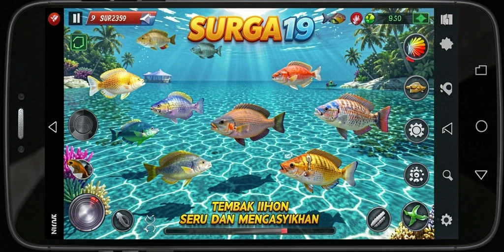 Screenshot SURGA19 menampilkan aksi seru Tembak Ikan.